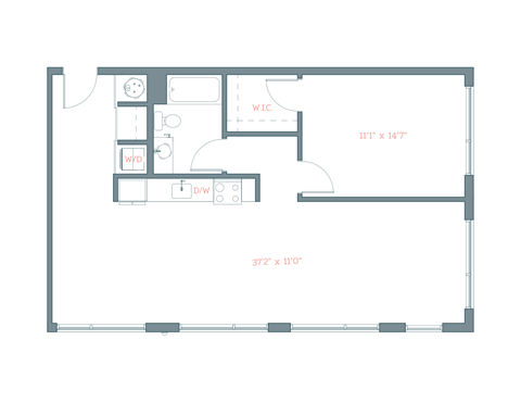 Floor plan for 1 bed, 1 bath, 890 sqft